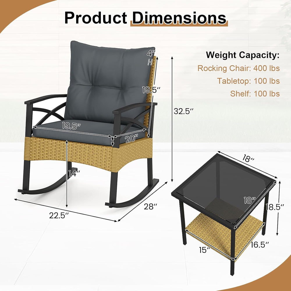 RELAX4LIFE 3-Piece Rattan Patio Rocking Chair Set, 2 Wicker Glider Rocking Ch...