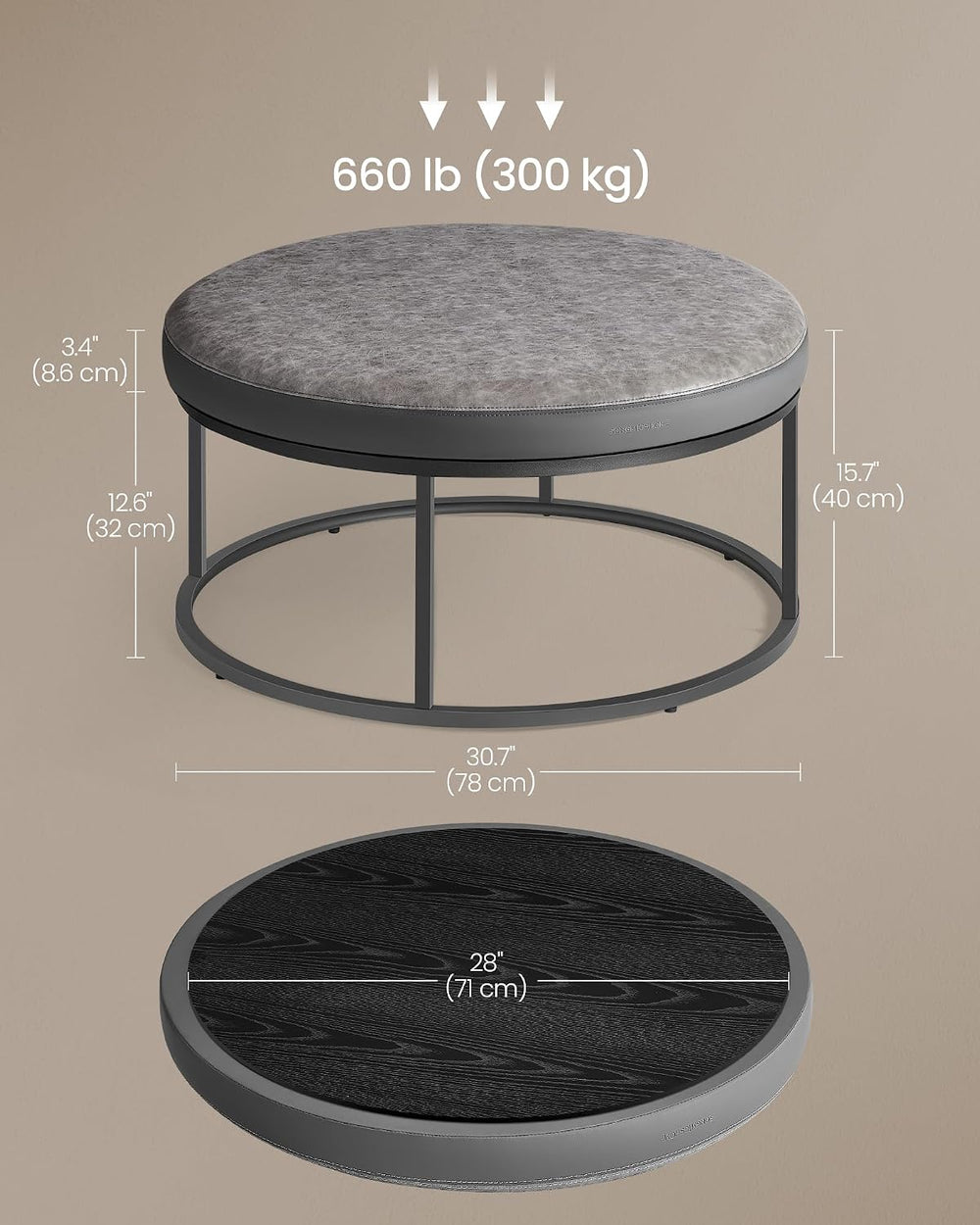 SONGMICS HOME Ottoman, Round Coffee Table, Reversible Top, Steel Frame