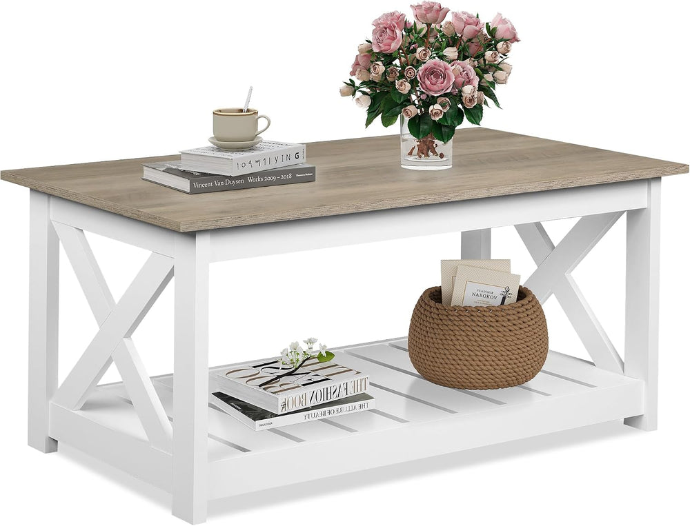 WLIVE 2-Tier Coffee Table with X-Shape Frame, Classic White