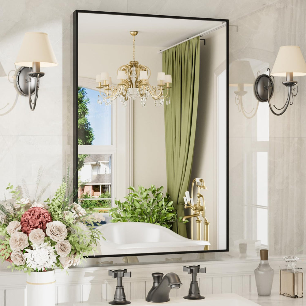 24"x32" Black Rectangle Bathroom Mirror for Over Sink, Wall Mounted