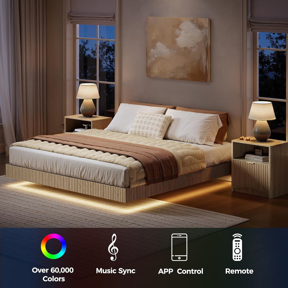 Evermagin Queen Bedroom Set, Fluted Floating Bed Frame & Nightstands, Oak