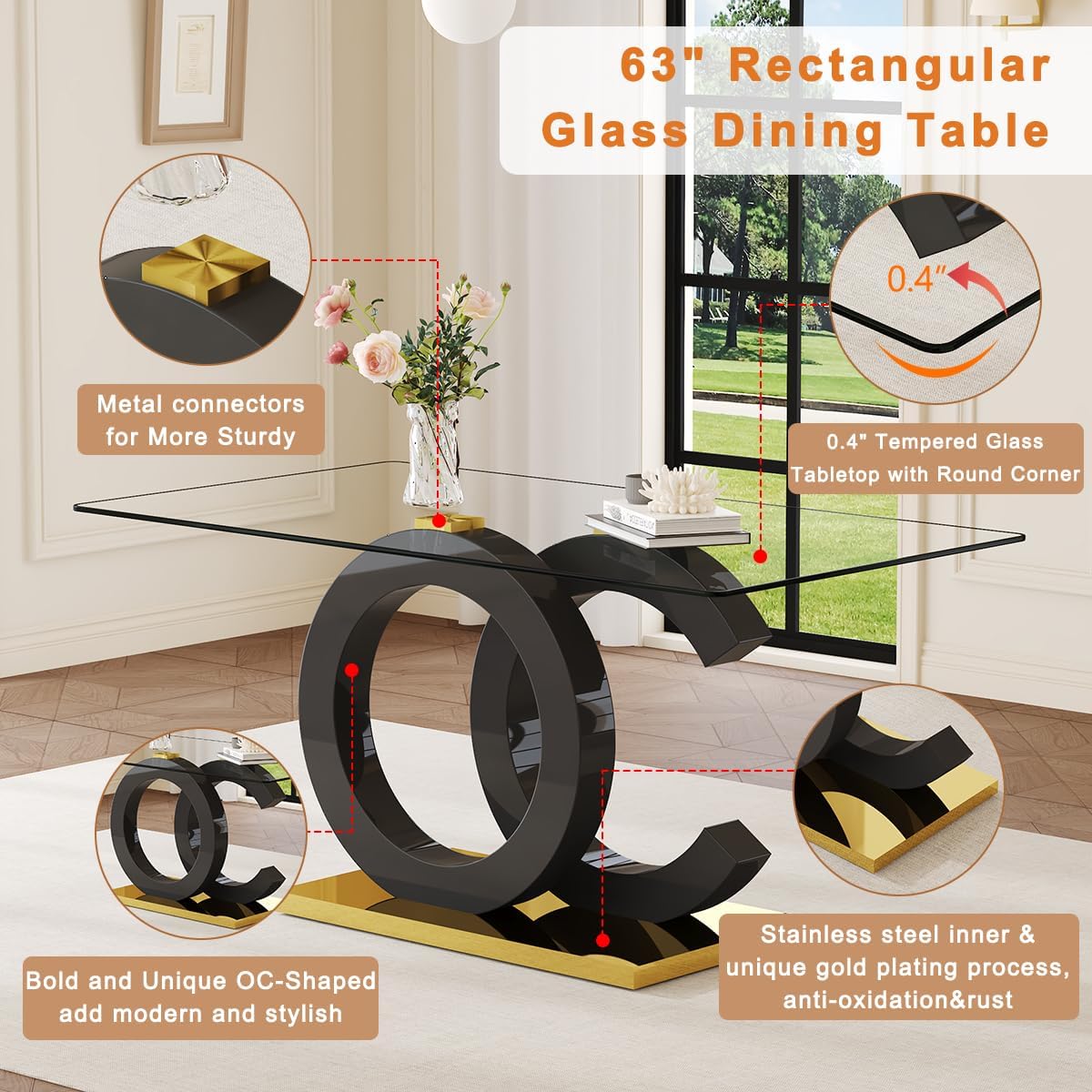 Ebullient 63" Glass Dining Table Set for 6 with Chairs, Black and Gold