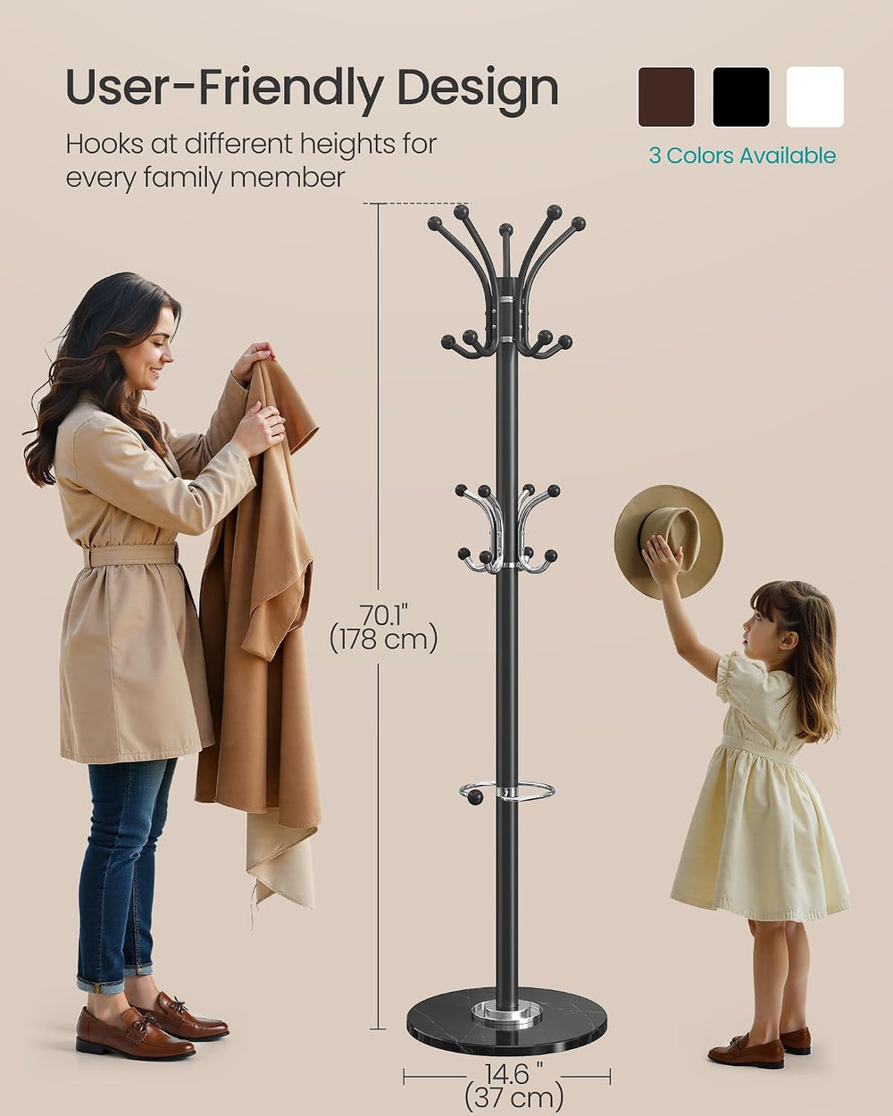 SONGMICS Freestanding Coat Rack, Marble Base, 18 Hooks, Umbrella Holder