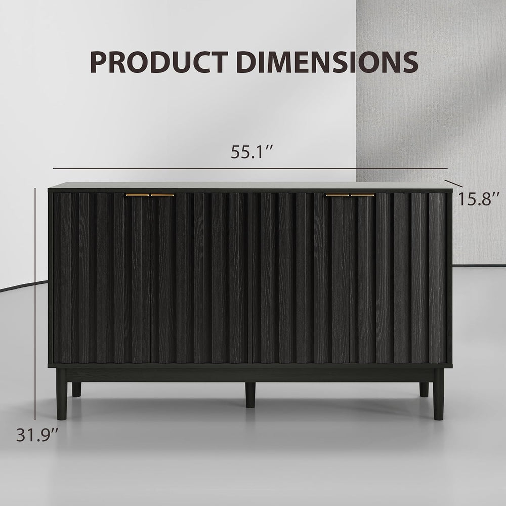 55" Fluted Buffet Cabinet with Storage, Accent Cabinet, Black