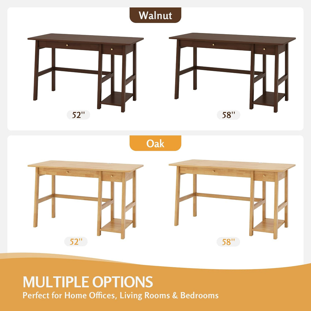 NELYE Solid Wood Writing Desk with Drawer, 58" W x 24" D, Oak