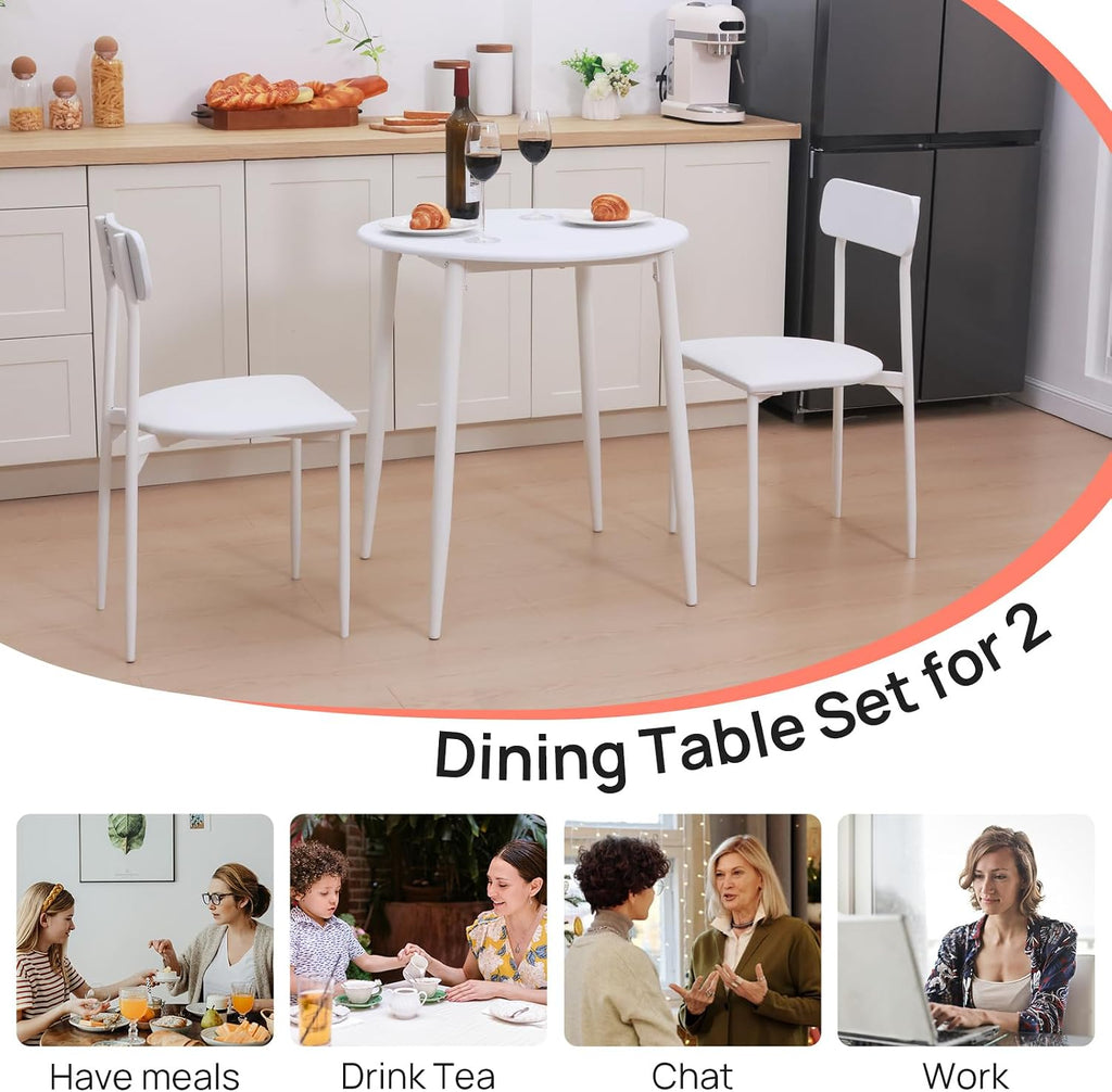 round dining table set for 2, wood tabletop shown in use