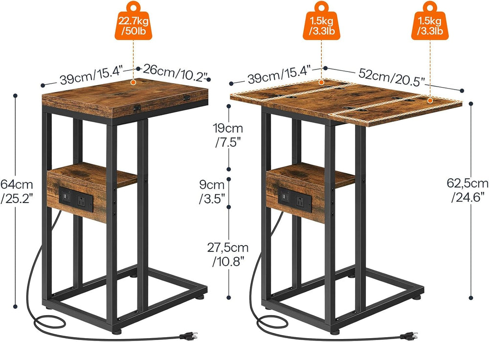 HOOBRO Foldable C Shaped End Table, Side Table with Charging Station