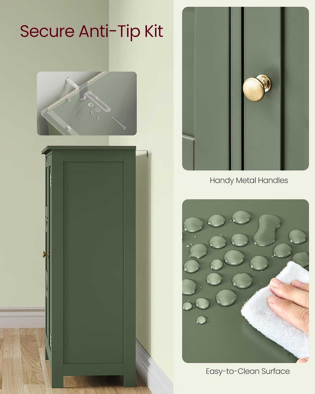 VASAGLE Bathroom Floor Storage Cabinet, 3 Drawers, Forest Green