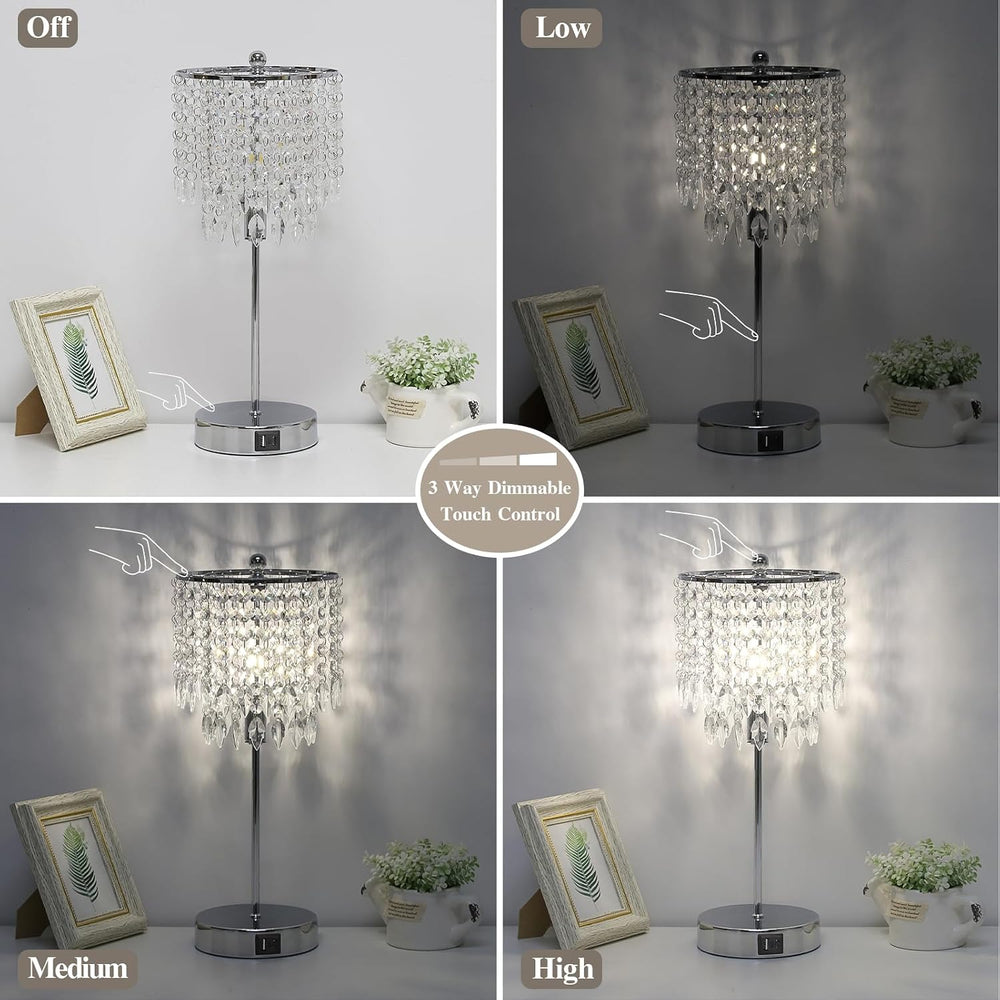 Crystal Table Lamp Set of 2 Touch Control, Crystal Lamps with USB Ports Elega...