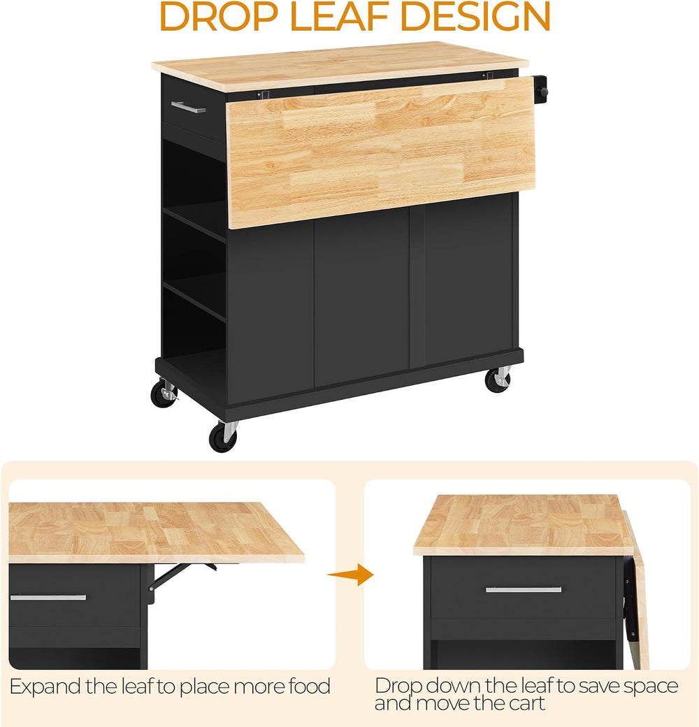Yaheetech Kitchen Island Cart with Storage, Drop Leaf, Open Shelves, Black
