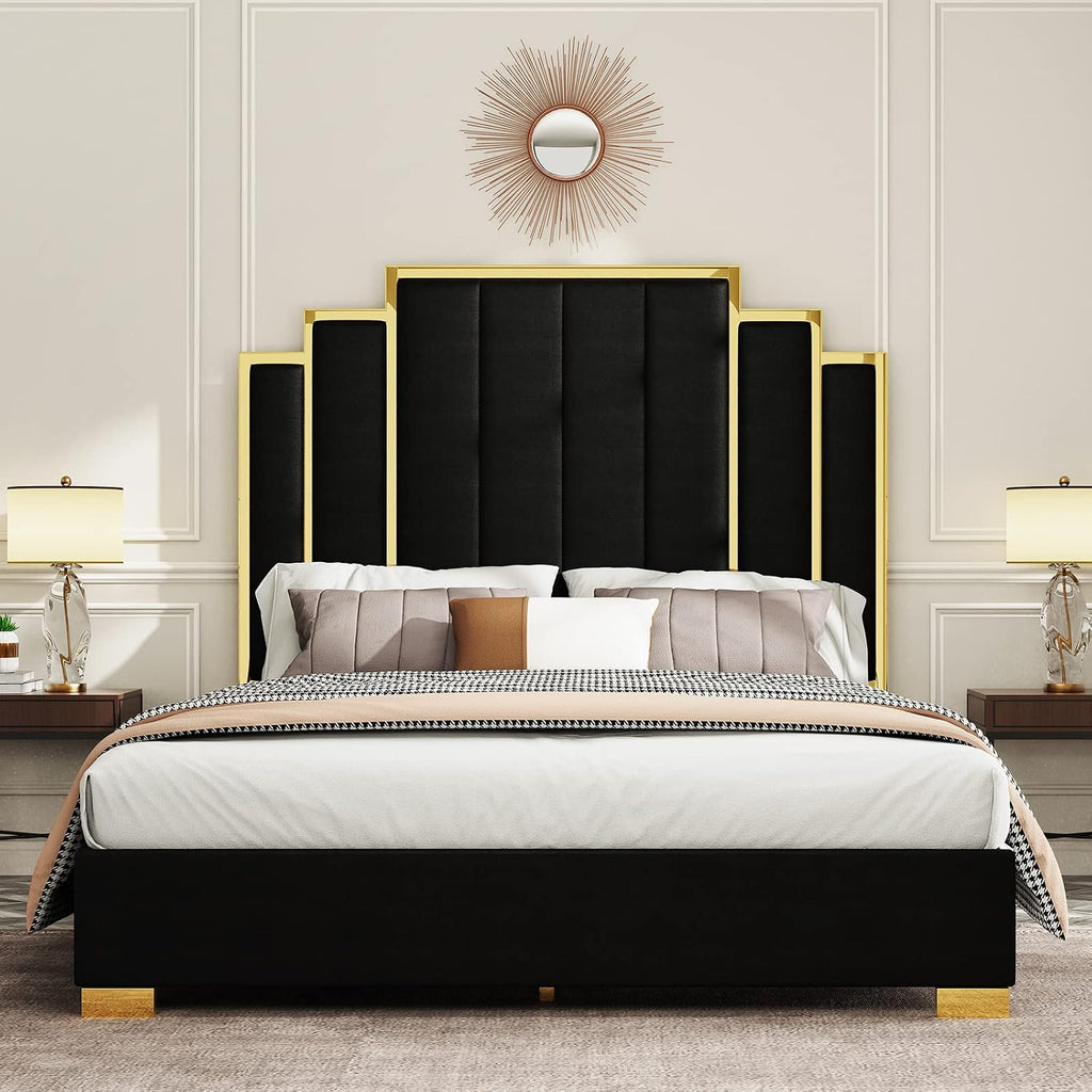 Albott Queen Size Platform Bed Frame, 61.4" Velvet Upholstered Bed with Gold Trim Headboard/Wooden Slats/No Box Spring Needed/Black