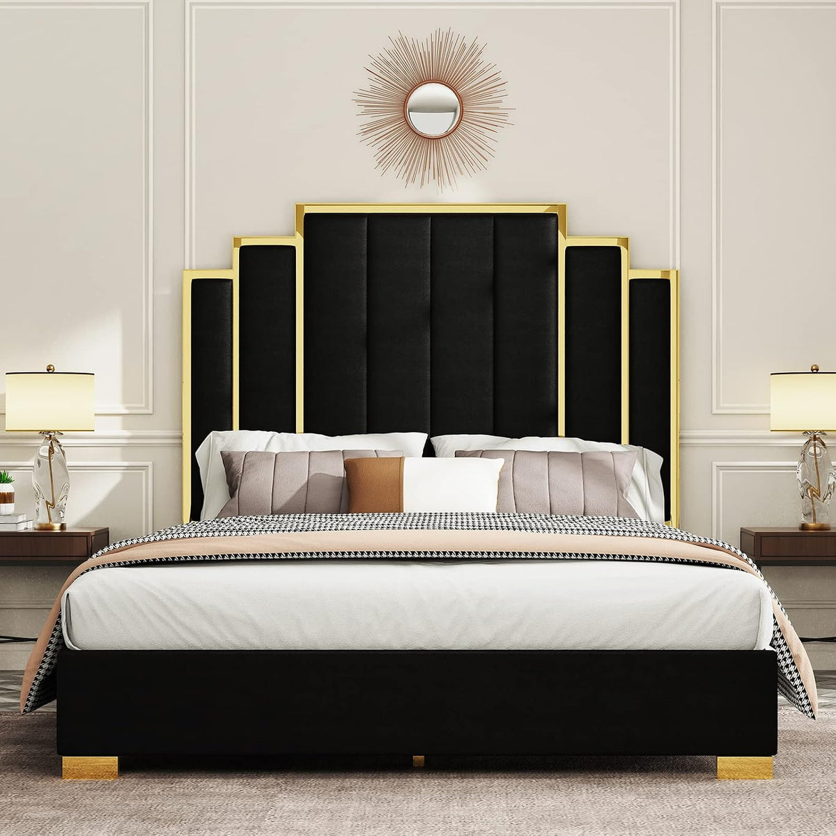 Albott Queen Size Platform Bed Frame, 61.4" Velvet Upholstered Bed with Gold Trim Headboard/Wooden Slats/No Box Spring Needed/Black