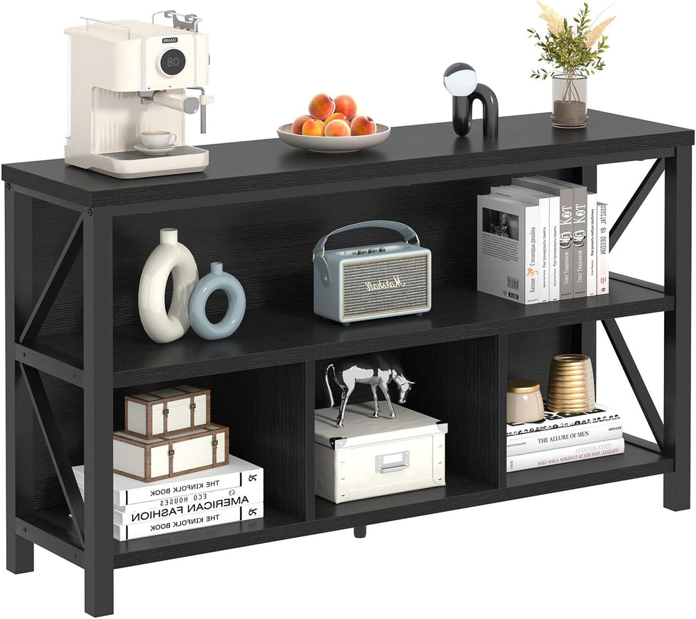 EXCEFUR Modern Black Horizontal Bookshelf, Industrial Wood & Metal Bookca...