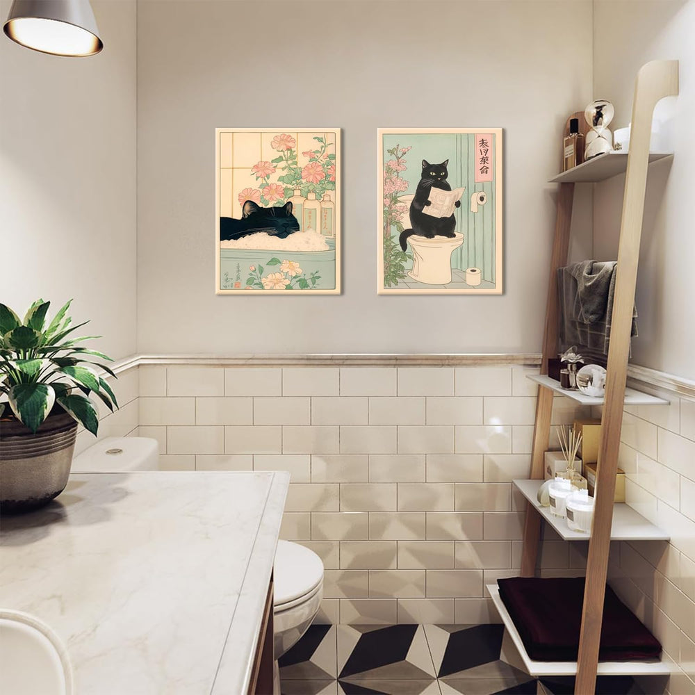 Funny Bathroom Wall Art Set of 3, Japanese Cute Black Cat Wall Decor Painting...
