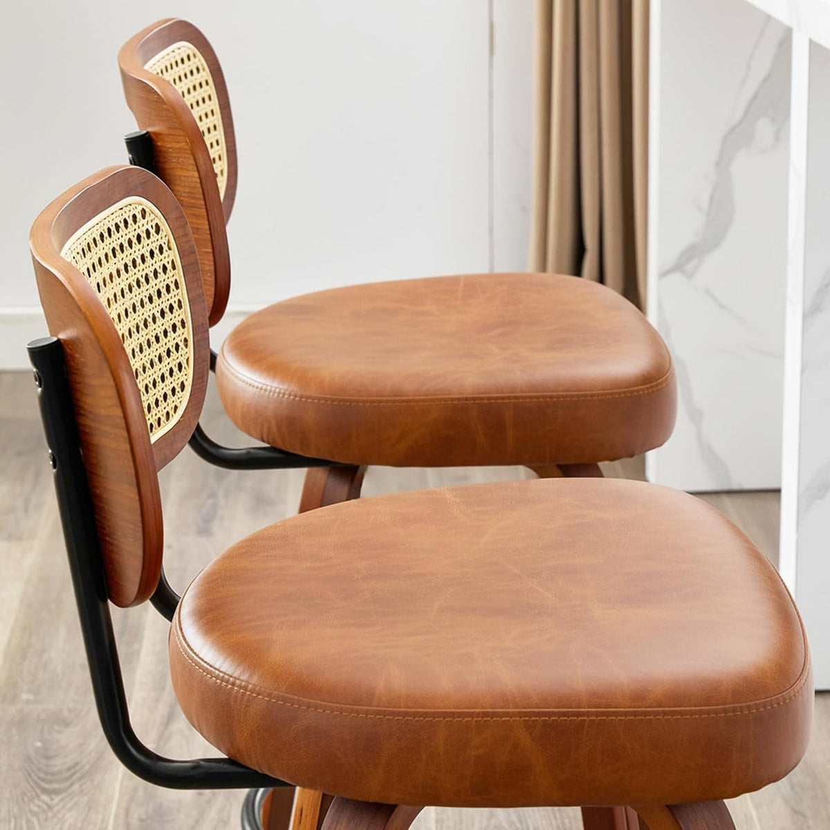 Rattan Bar Stools Set of 2,Upholstered PU Leather, 30''Counter Height Barstools with Back and Wood Legs,360°Swivel,Mid-Century Modern Bar Stool for kitchen Island Dining Room and Bar(Vintage Brown)