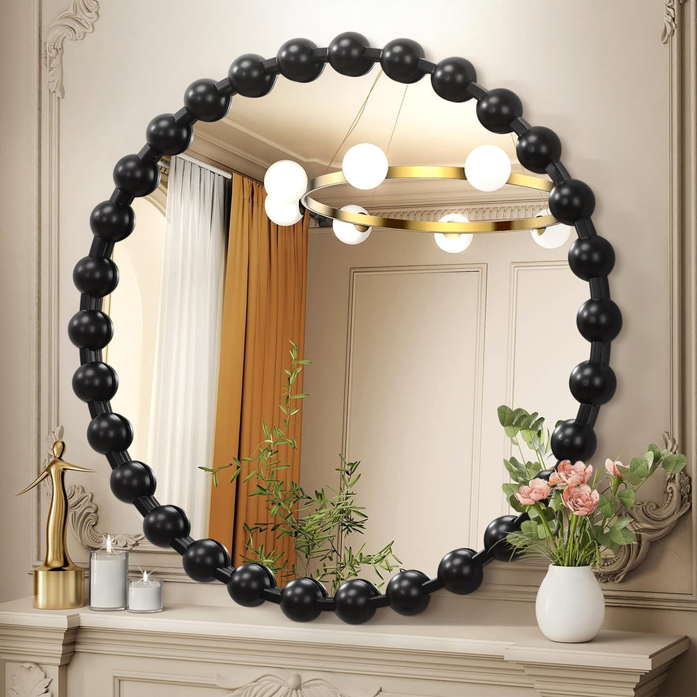 AAZZKANG Round Wall Mirror Black Metal Beaded Framed Large 20"