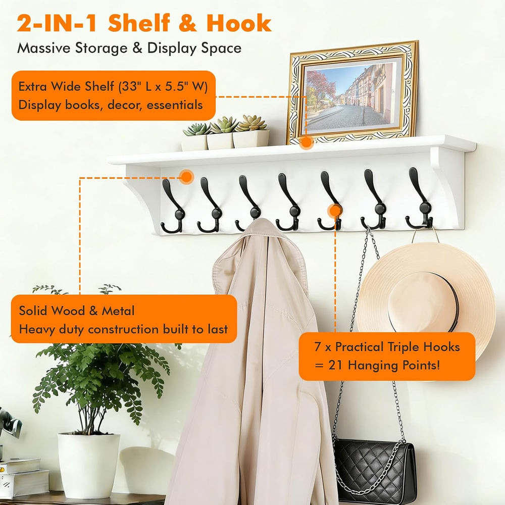 Felibeaco 33" Coat Rack with Shelf Wall Mount, 7 Triple-Hooks,Pre-Assembled