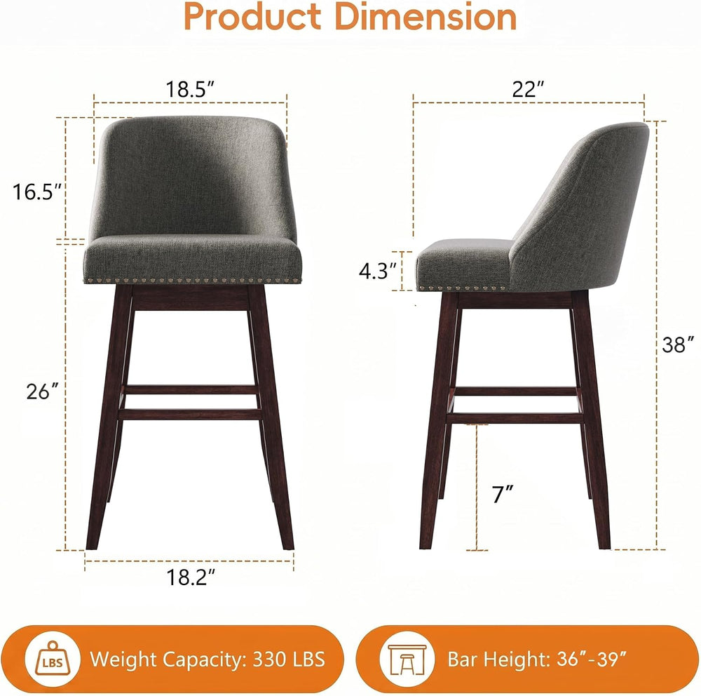 Swivel Barstools Set of 2, Upholstered Bar Chairs Counter Height (26IN) with ...