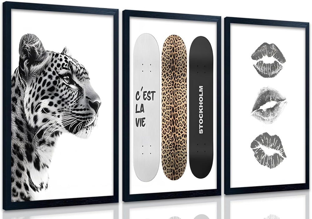 Framed Stockholm Style Canvas Wall Art Set of 3 Black and White Fashion Leopa...