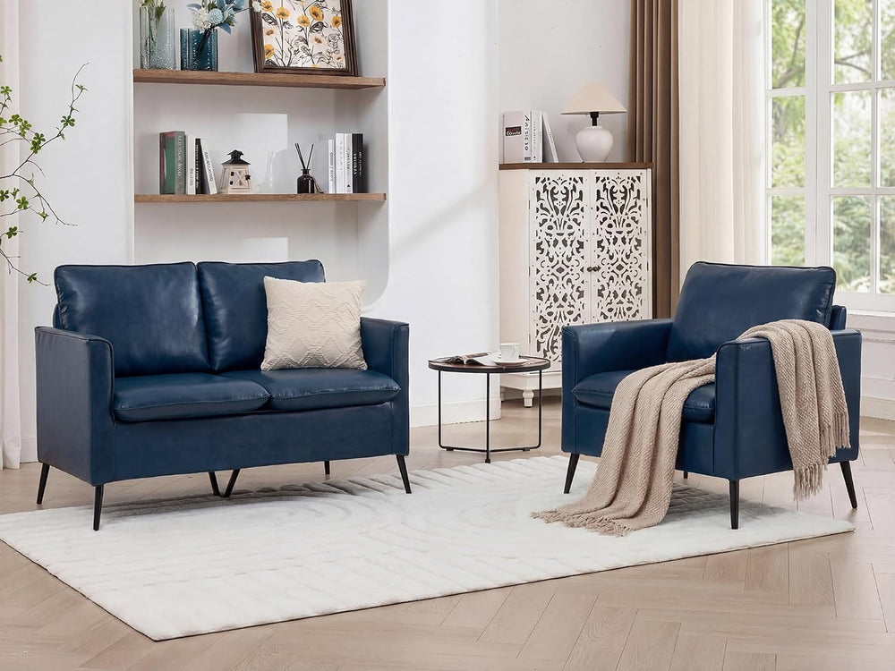 TYBOATLE Leather Loveseat Sofa and Accent Chair Set (Blue, 2)