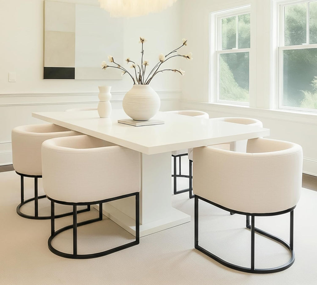 HNY Mid Century Modern Upholstered Barrel Dining Chairs with Arms Set of 6, Linen Kitchen & Dining Room Chairs, 18.5" Wide Accent Chairs for Dining Room Living Room with Black Metal Frame, Cream