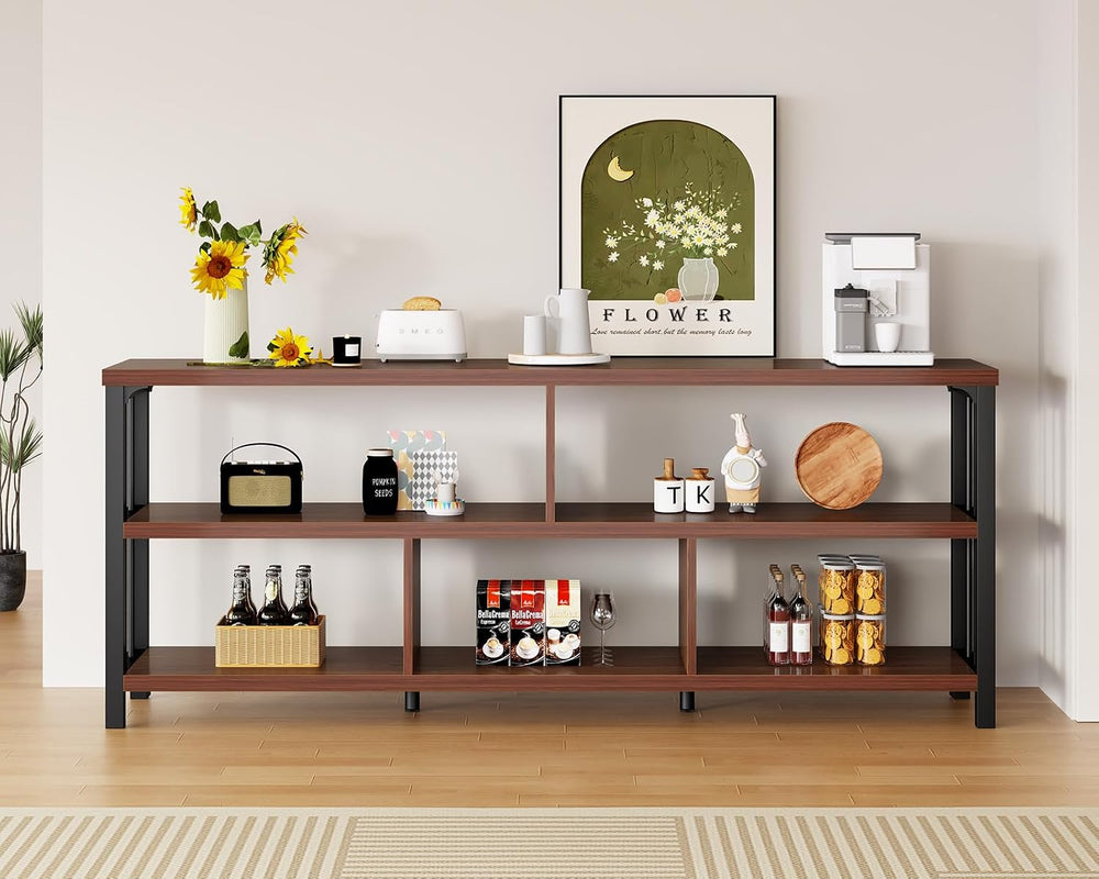 IBF 63” Long Horizontal Bookshelf, Wide Low Open Wood Bookcase, Walnut