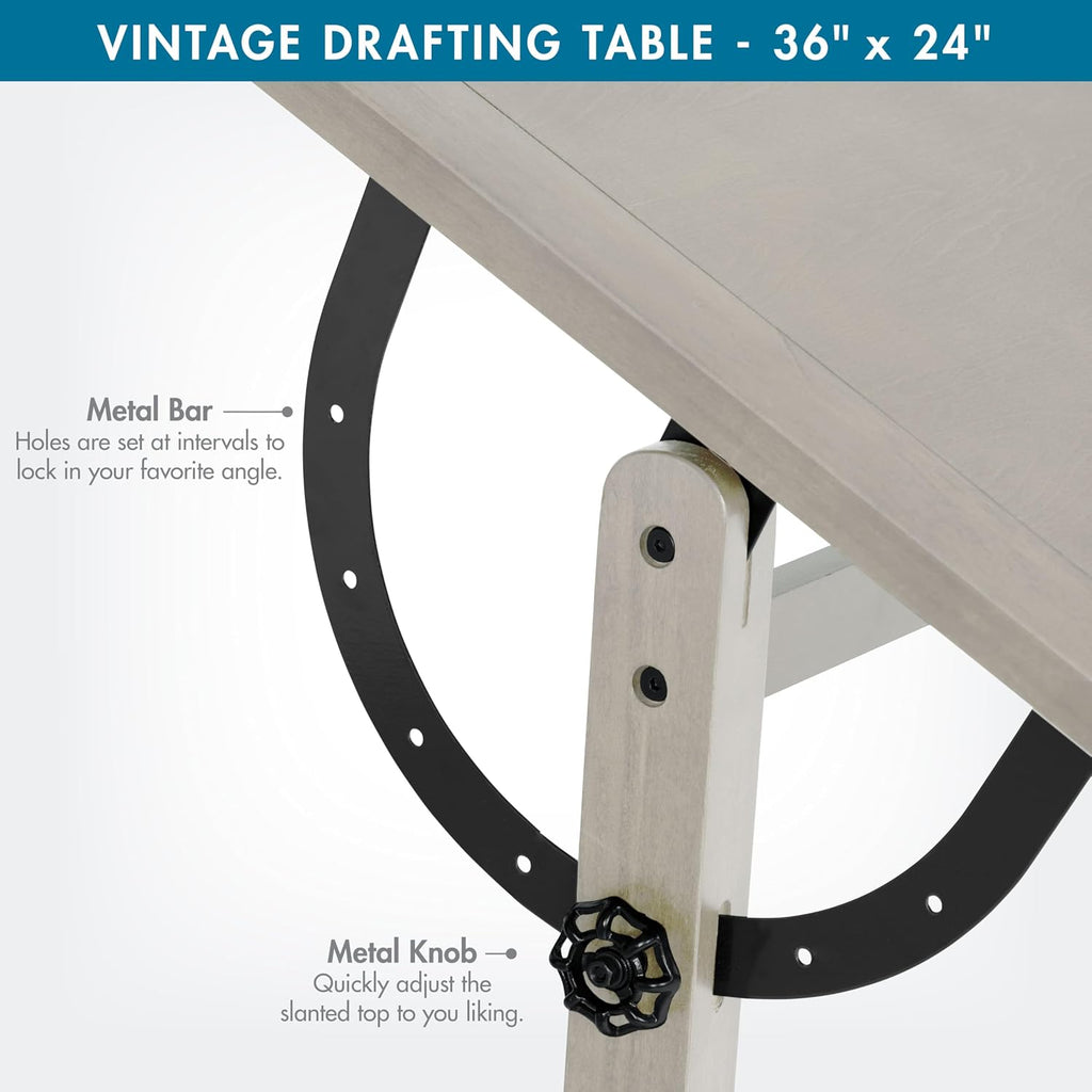 studio designs vintage drawing/drafting table with pencil ledge showing dimensions