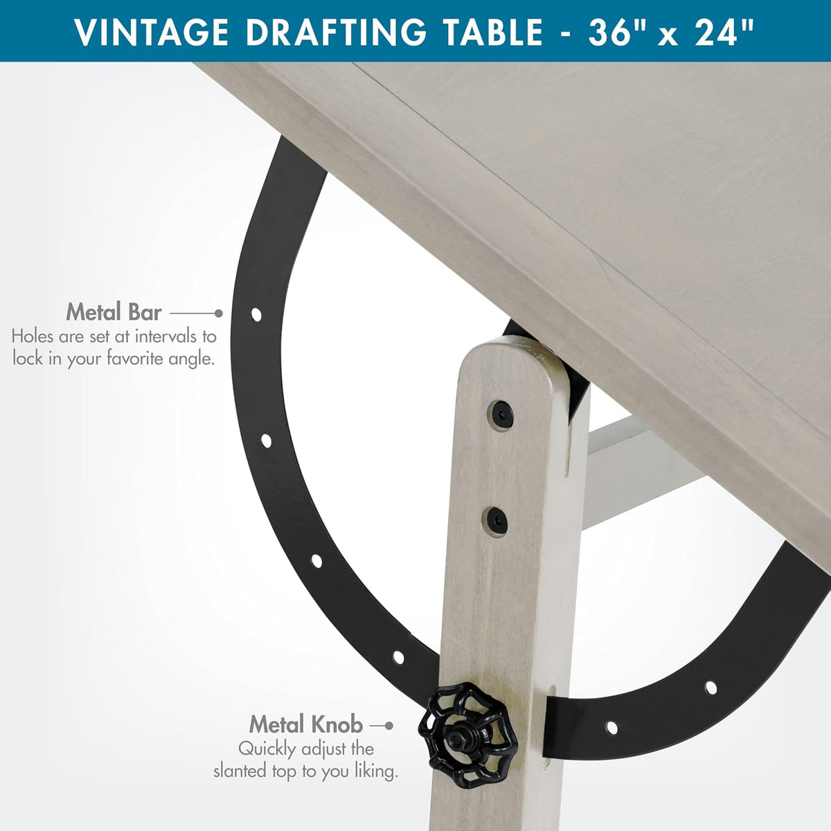 studio designs vintage drawing/drafting table with pencil ledge showing dimensions