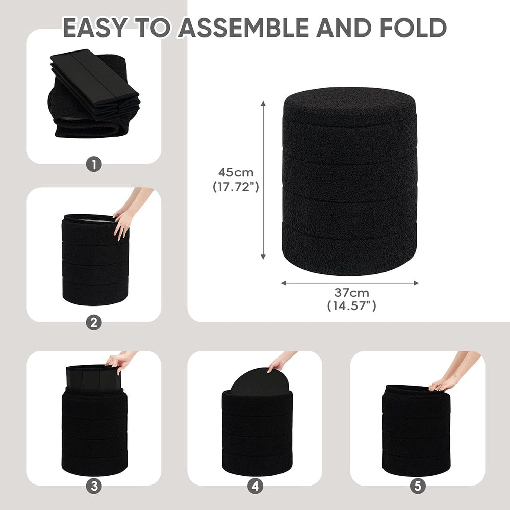 PINPLUS Compact Round Folding Storage Ottoman, Black Boucle Footstool