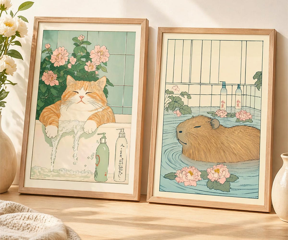Framed Japanese Bathroom Wall Art Set of 2 Funny Cat & Capybara Bath Print