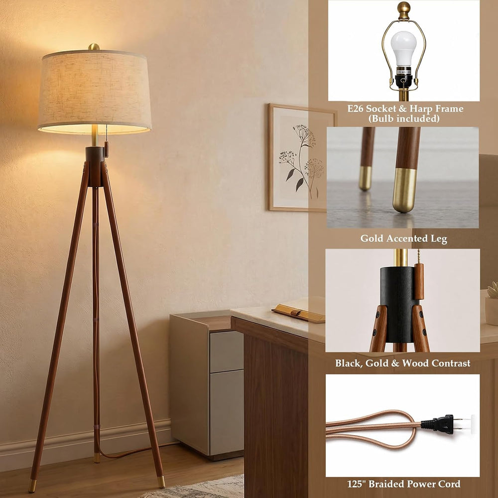 MOFFE Mid Century Tripod Floor Lamp with Pull Chain,Black & Gold Finish