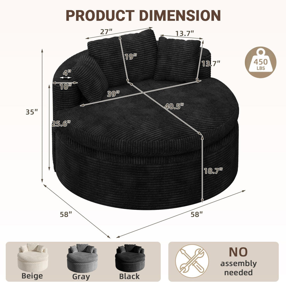 Oversized Round Chair Lounge Chaise, 58'' Corduroy Sofa Bed, Black