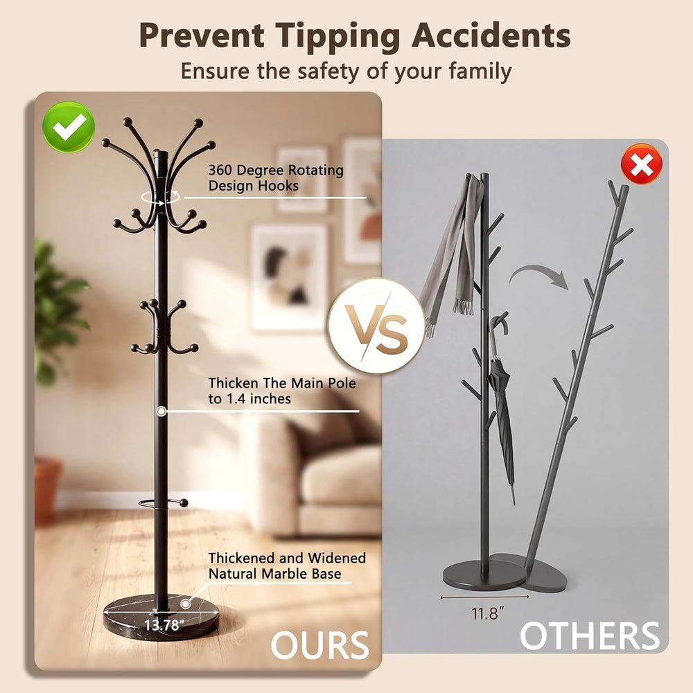 Marble Base Coat Rack Freestanding, 360° Rotary 16 Hooks Black