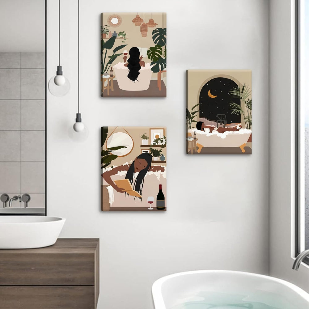 Black Girl Bathroom Wall Art Set of 3, Fashion Boho Black Woman Canvas Wall D...