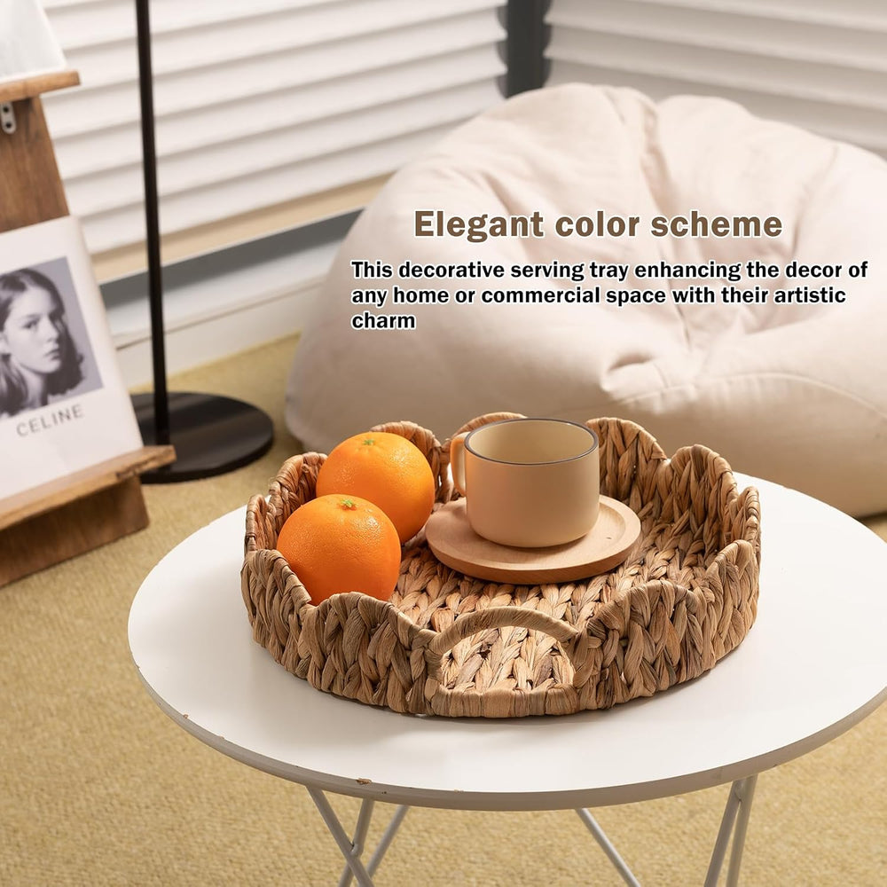 2-Pack Wicker Basket Tray, Round Serving Tray with Handles, Rattan Woven Deco...