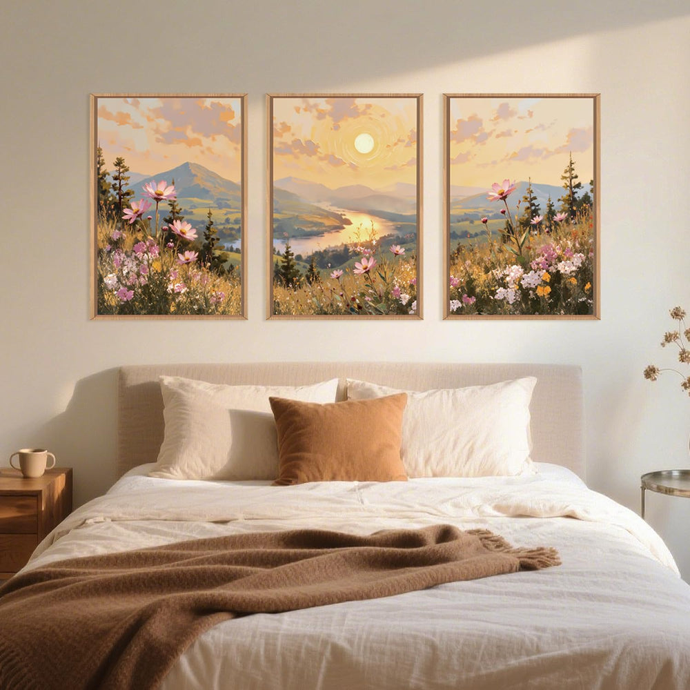 LHIUEM Large Boho Sunset Wildflower Framed Canvas Wall Art,Nature Pink Flower...