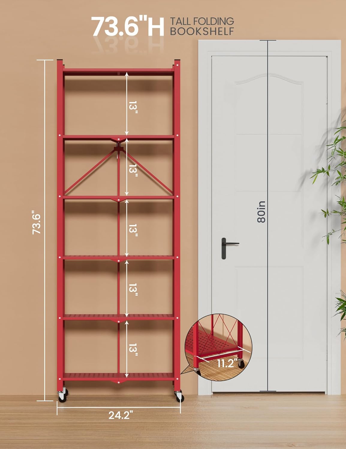 ALANNG 73.6 Inch Folding Bookshelf, 6 Tier Metal Bookcase and Bookshelves