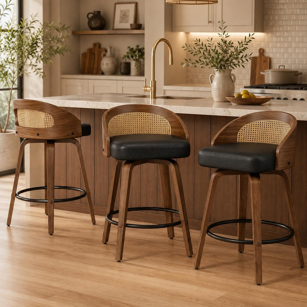 REONEY Swivel Bar Stools Set of 4, 26" Counter Height, Rattan Black