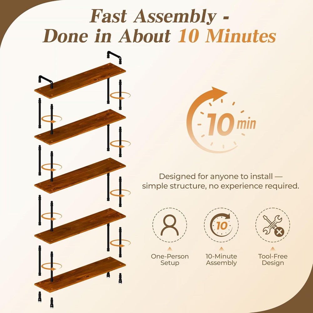 Industrial Bookshelf, Pipe Shelf Bookcase, 5 Tier, 48" Walnut