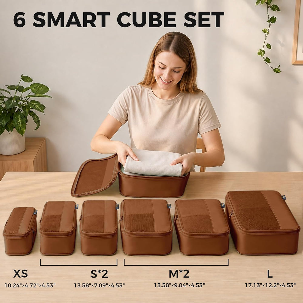 6 Piece Compression Packing Cubes for 7–14 Day Travel, Light Brown