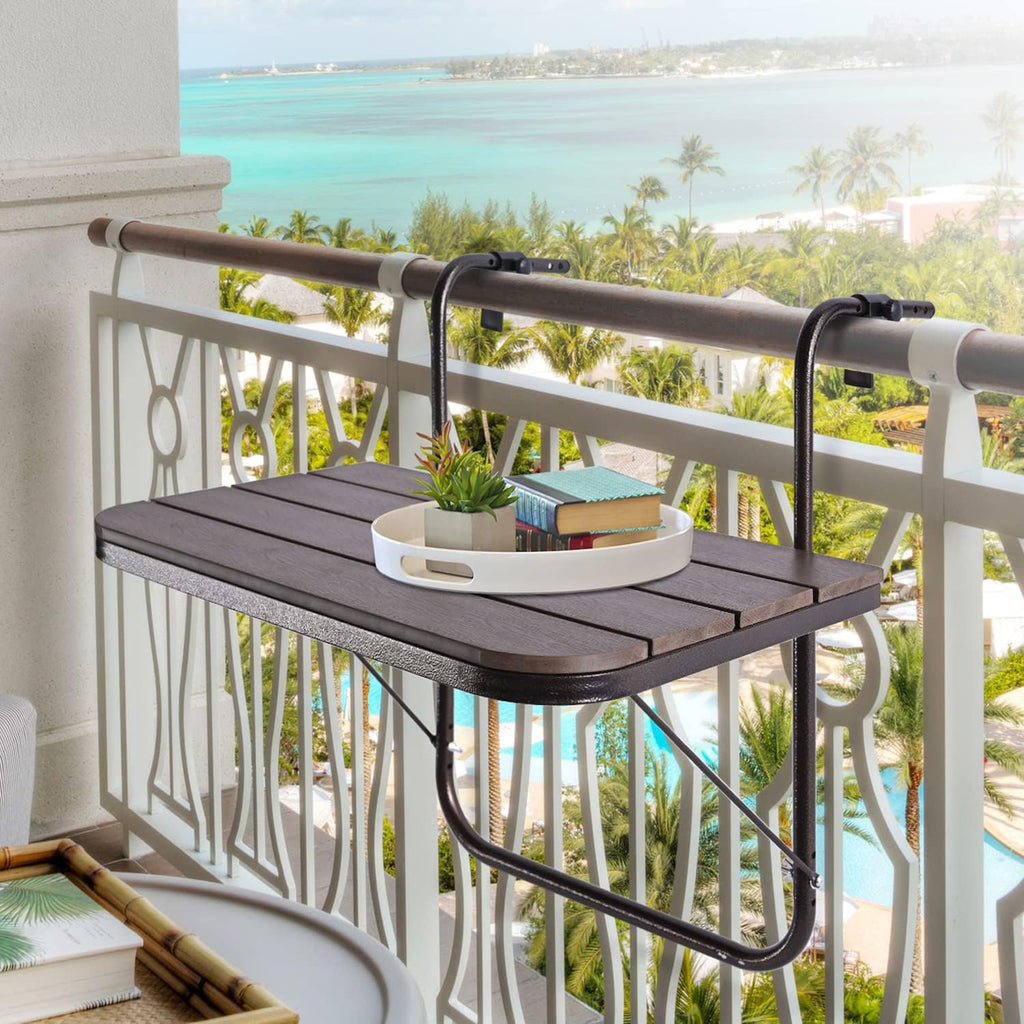 Balcony Railing Table Outdoor Hanging Folding Brown Aluminium Metal Side Table Adjustable 23.6"L x 15.7"W