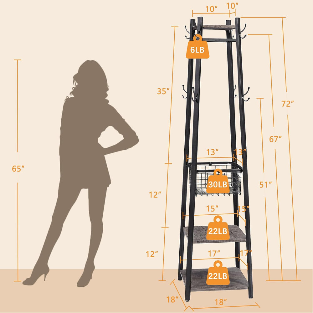VECELO Coat Rack Freestanding,Hall Tree with Metal Basket and Storage Shelves...