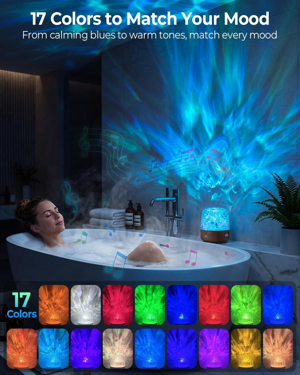 Waterproof Shower Mood Light with Bluetooth Speaker & Ocean Wave Projector