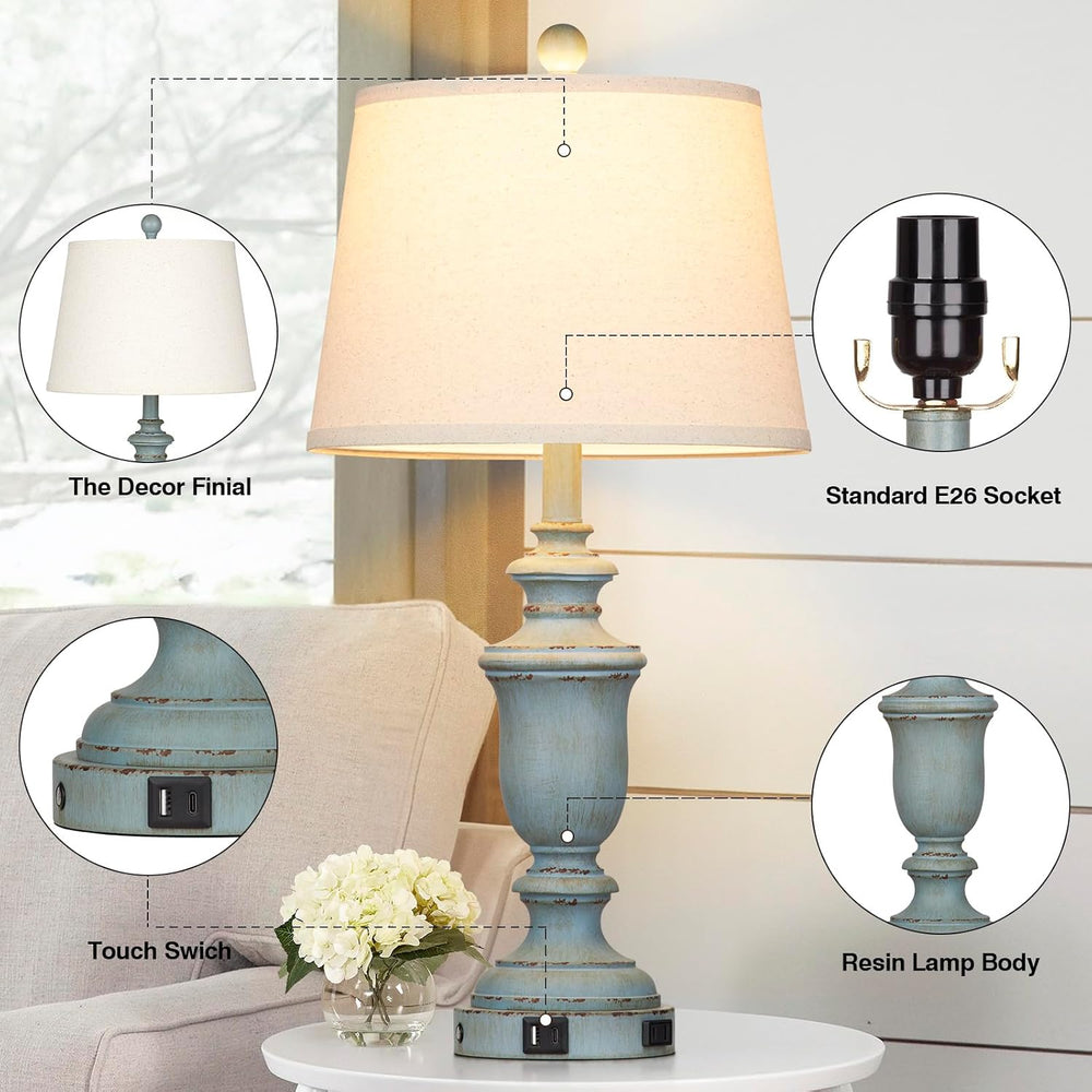 Cinkeda 25.6" Blue Table Lamps Set of 2 with USB C+A Ports & AC Outl...
