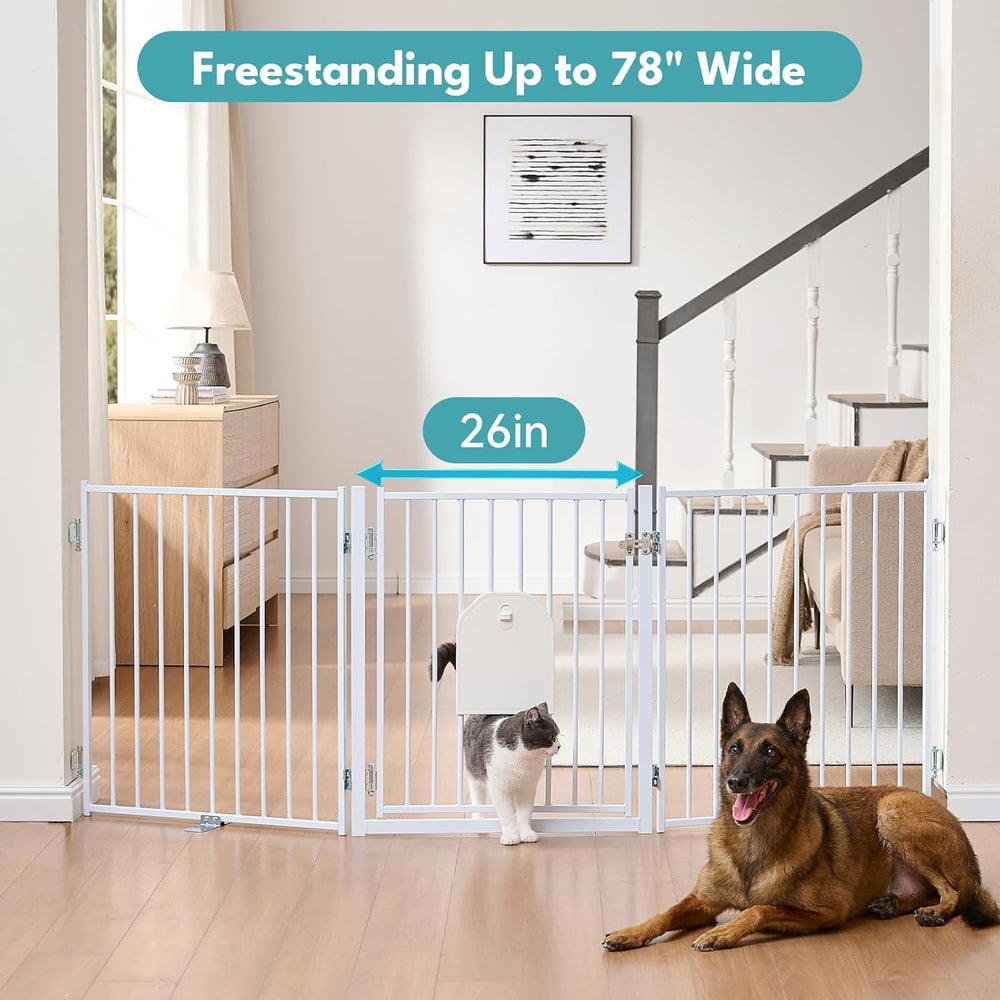 No Pawblems Freestanding Dog Gate with Cat Door for Indoor & Outdoor, White
