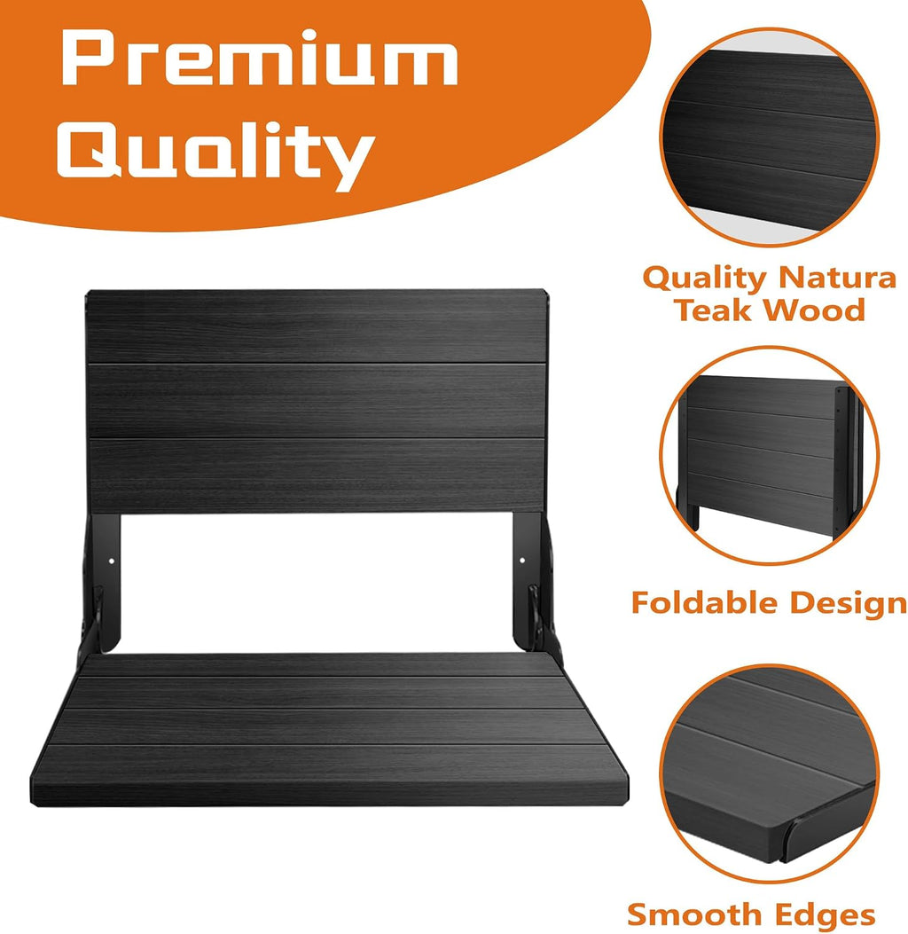 Teak Shower Bench, Folding Shower Chair Wall Mounted, Wood Folding Shower Seat, Teak Shower Bench for Inside Shower, 20 Inch Wide, 500 lbs Capacity (All Black, 20'' W x 16'' D x 20'' H)