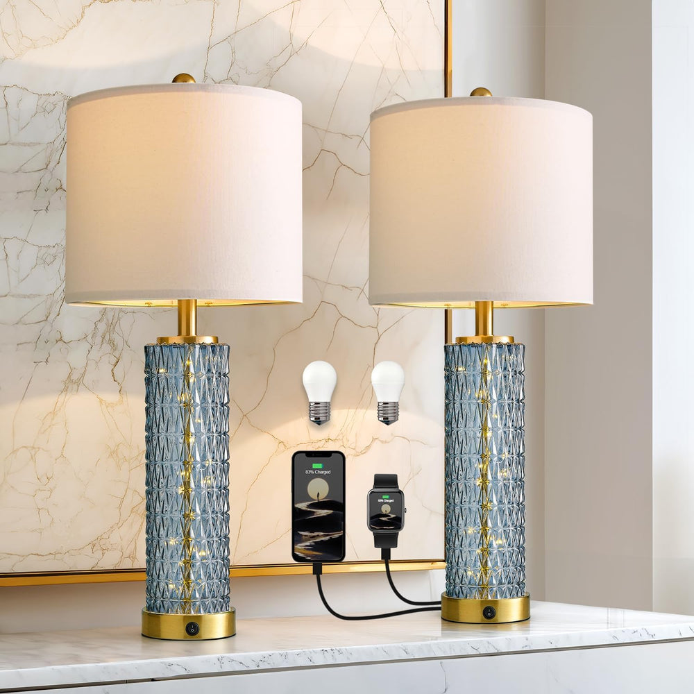 Oneach 27.75" Blue Table Lamps Set of 2 with LED Nightlight for Bedside