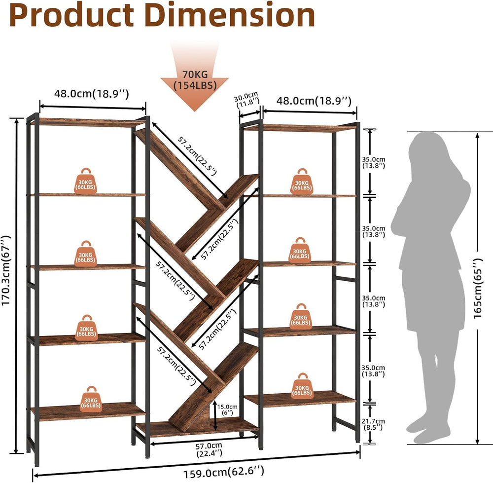 Somdot Triple 5 Tier Bookcase, 17 Open Display Shelves Industrial Bookshelf