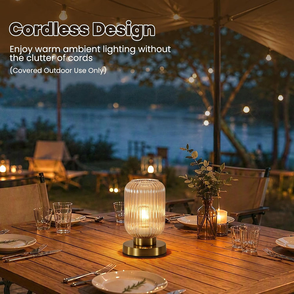 6" MCM Cordless Rechargeable Amber Glass Table Lamp, Touch Dimmable
