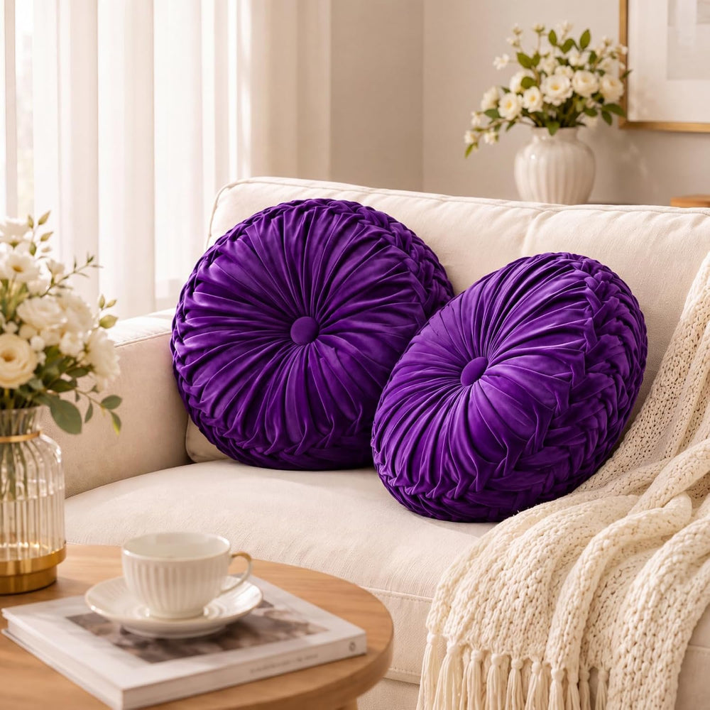 Drydiet 2 Pcs Round Throw Velvet Pillows Decorative Pleated Throw Pillows Dia...